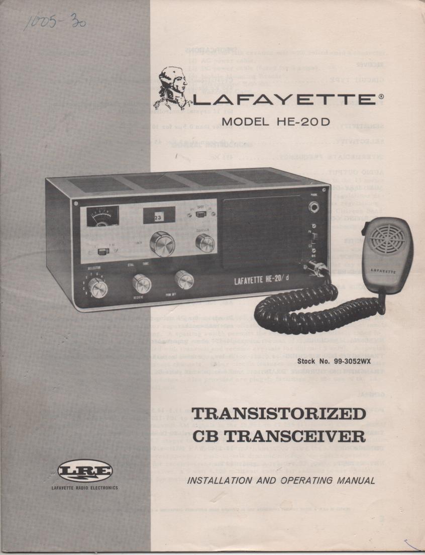 HE-20D CB Radio Owners Service Manual. Owners manual with  schematic. Stock No. 99-3052WX .