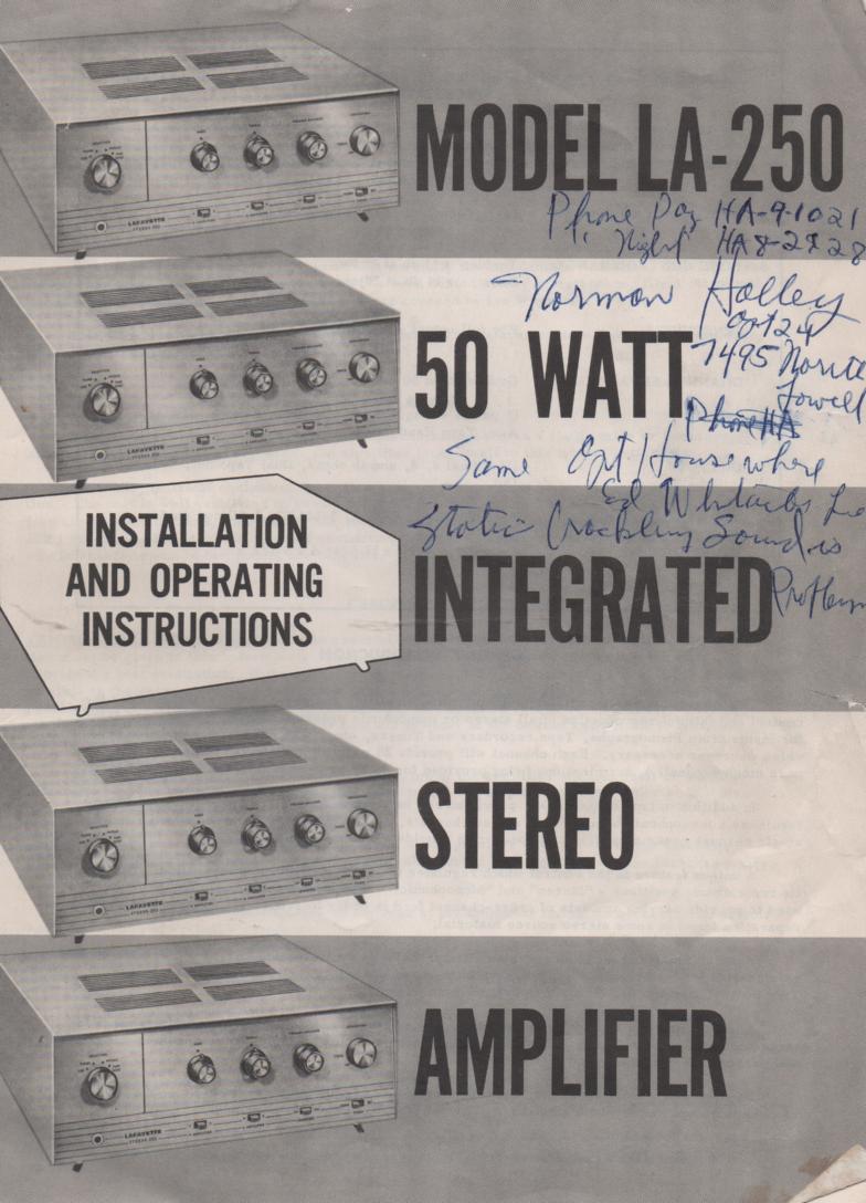 LA-250 50 Watt Amplifier Owners Manual with Schematic