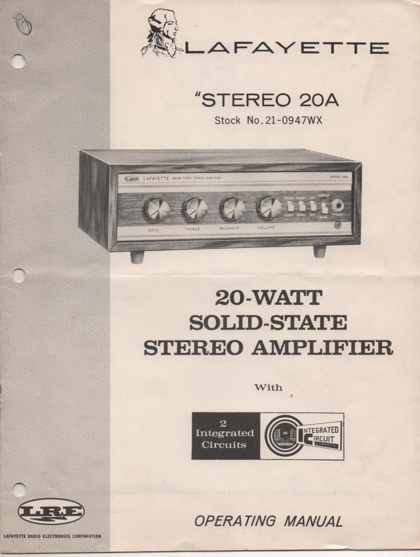Stereo 20A Amplifier Owners Instruction Manual with Schematic