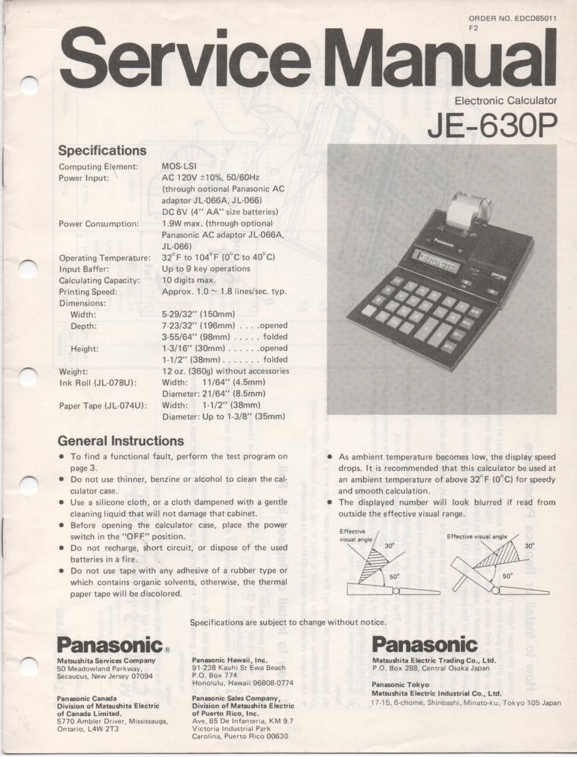 JE-630P Calculator Service Manual. Also contains paper roll and ink cartridge replacement instructions.