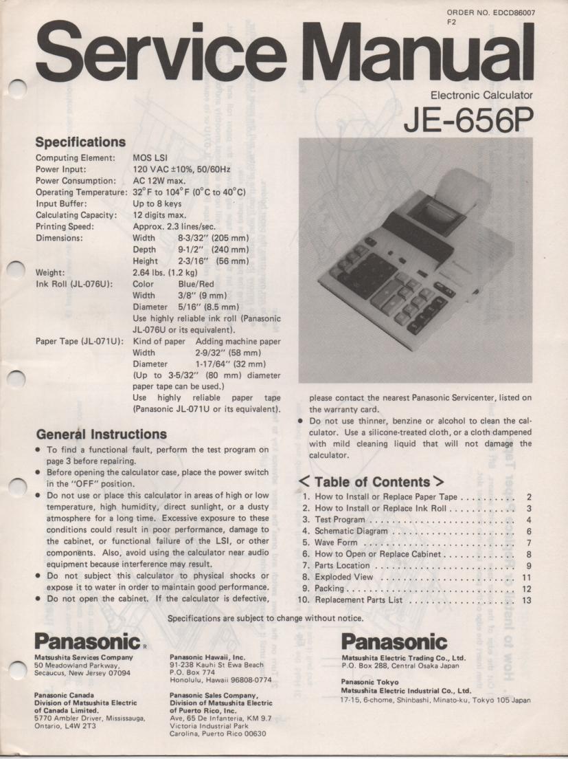 JE-656P Calculator Service Manual. Also contains paper roll and ink cartridge replacement instructions.