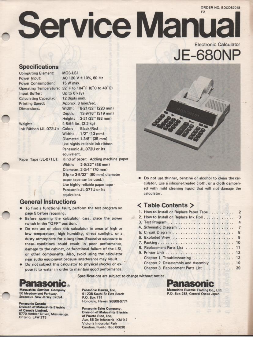 JE-680NP Calculator Service Manual. Also contains paper roll and ink cartridge replacement instructions.