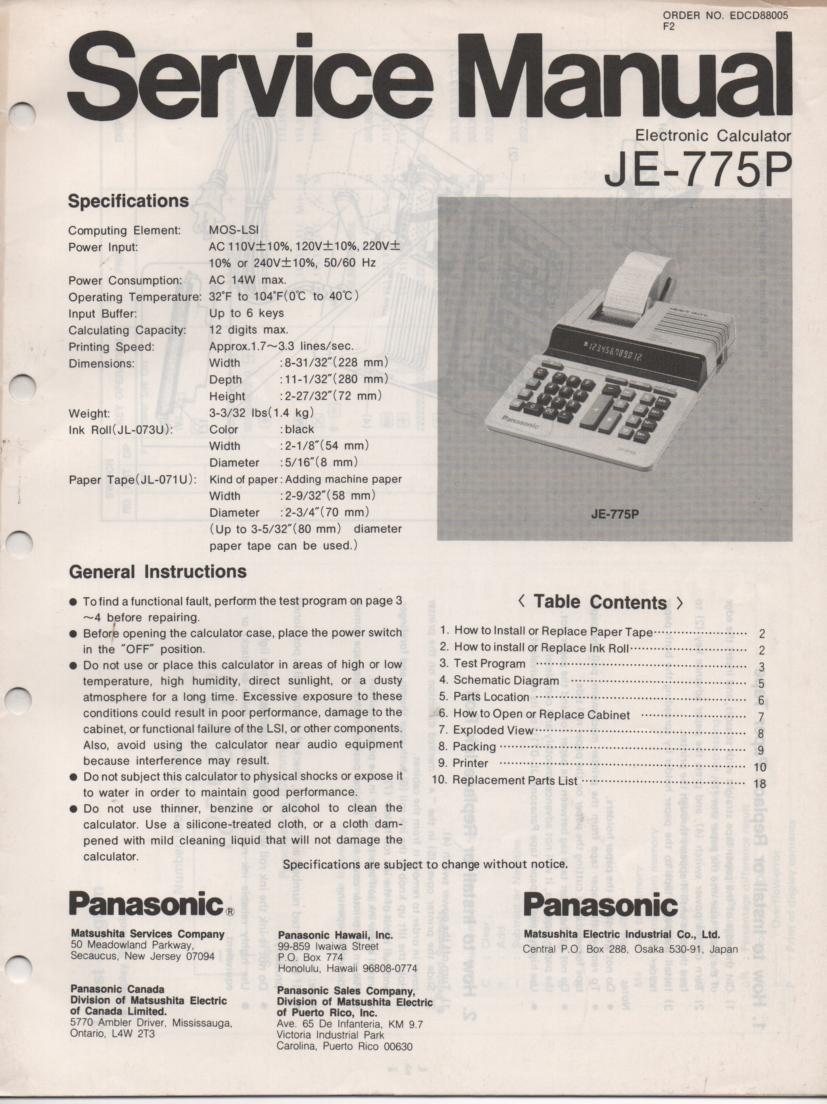 JE-775P Calculator Service Manual. Also contains paper roll and ink cartridge replacement instructions.