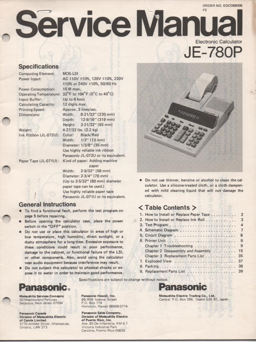 JE-780P Calculator Service Manual. Also contains paper roll and ink cartridge replacement instructions.
