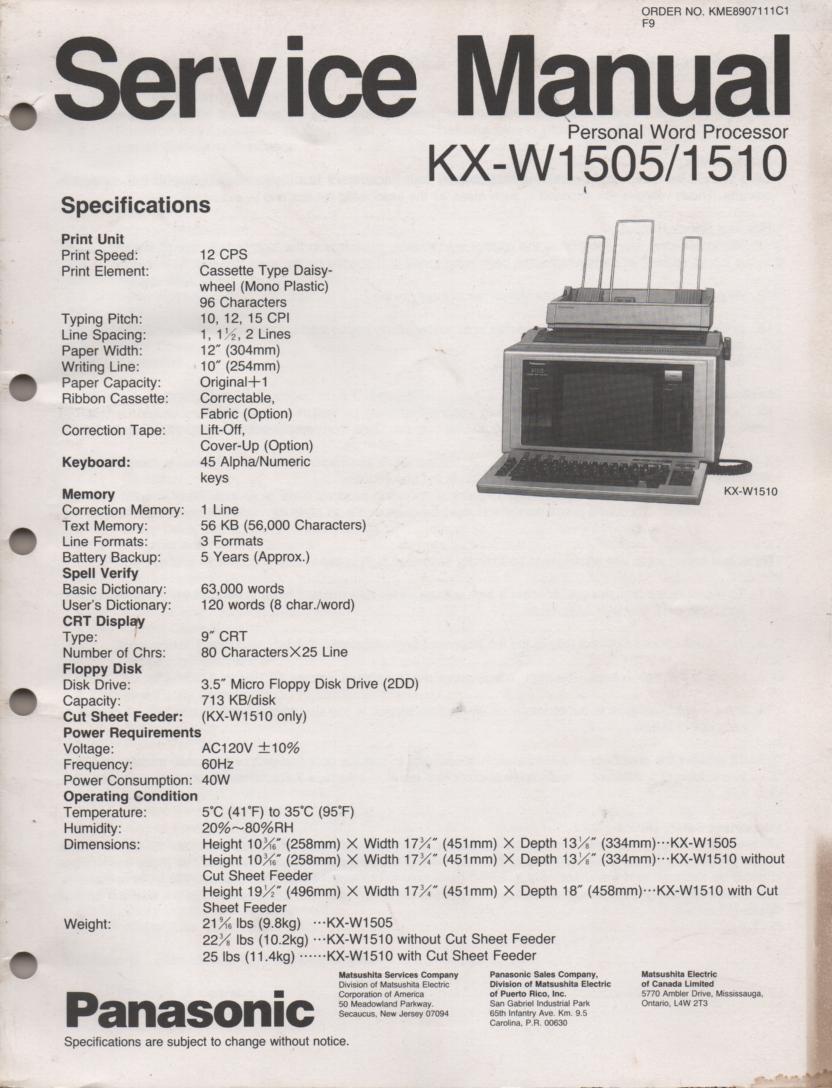 KXW1505 KXW1510 Personal Word Processor Service Manual