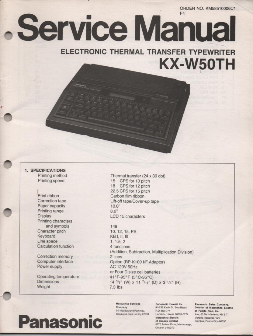 KXW50TH Electronic Thermal Transfer Typewriter Service Manual
