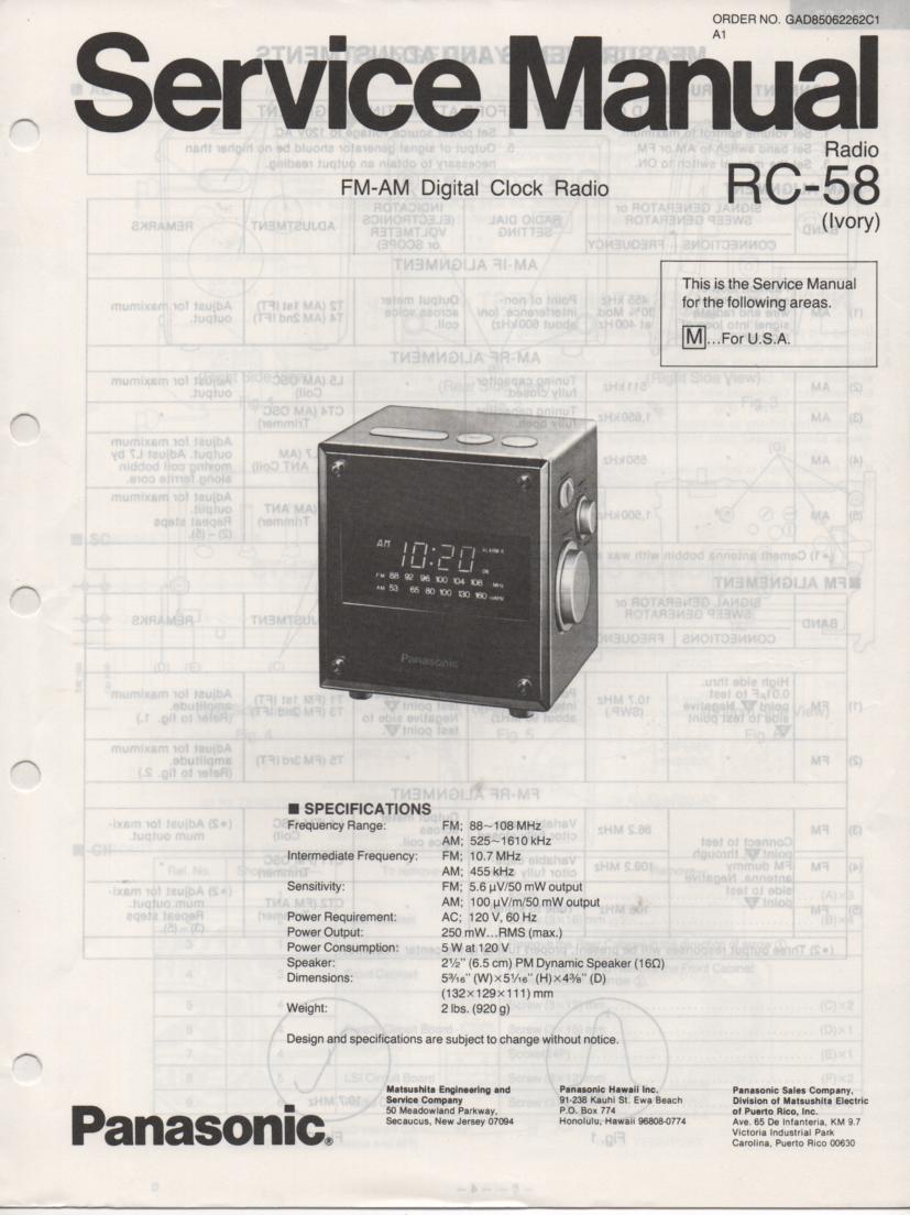 RC-58 RC-58M Digital Clock Radio Service Manual