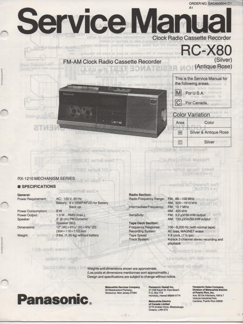 RC-X80 Cassette Deck Clock Radio Service Manual