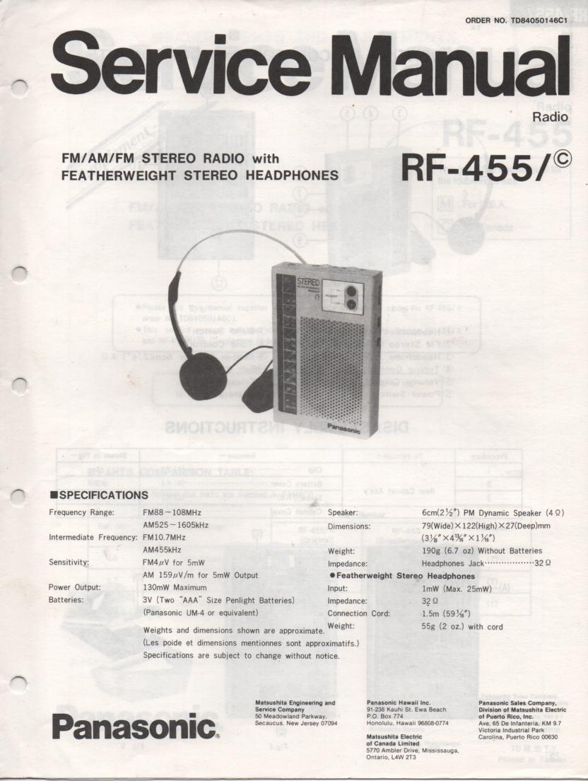 RF-455 AM FM Radio Service Manual