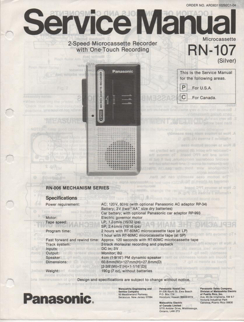 RN-107 Microcassette Deck Service Manual