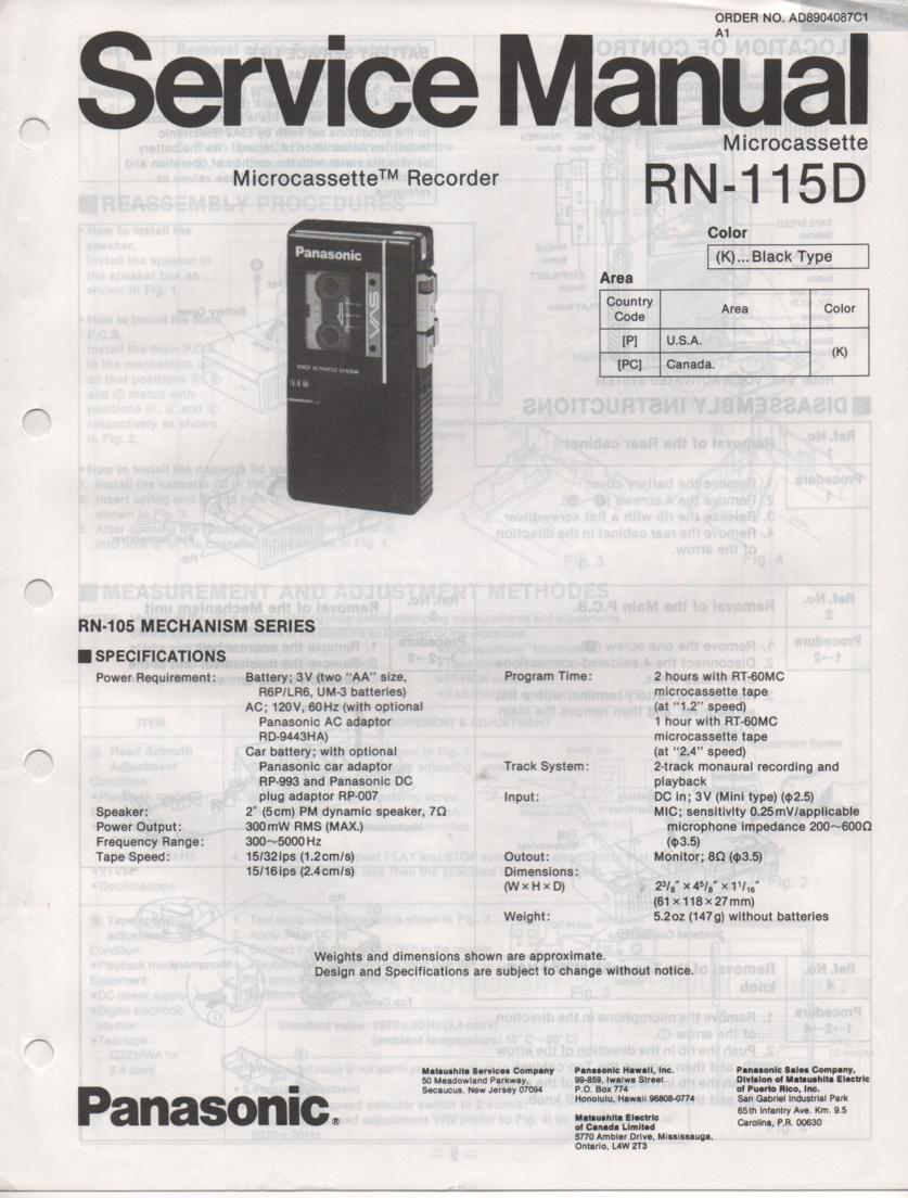 RN-115D Microcassette Deck Service Manual
