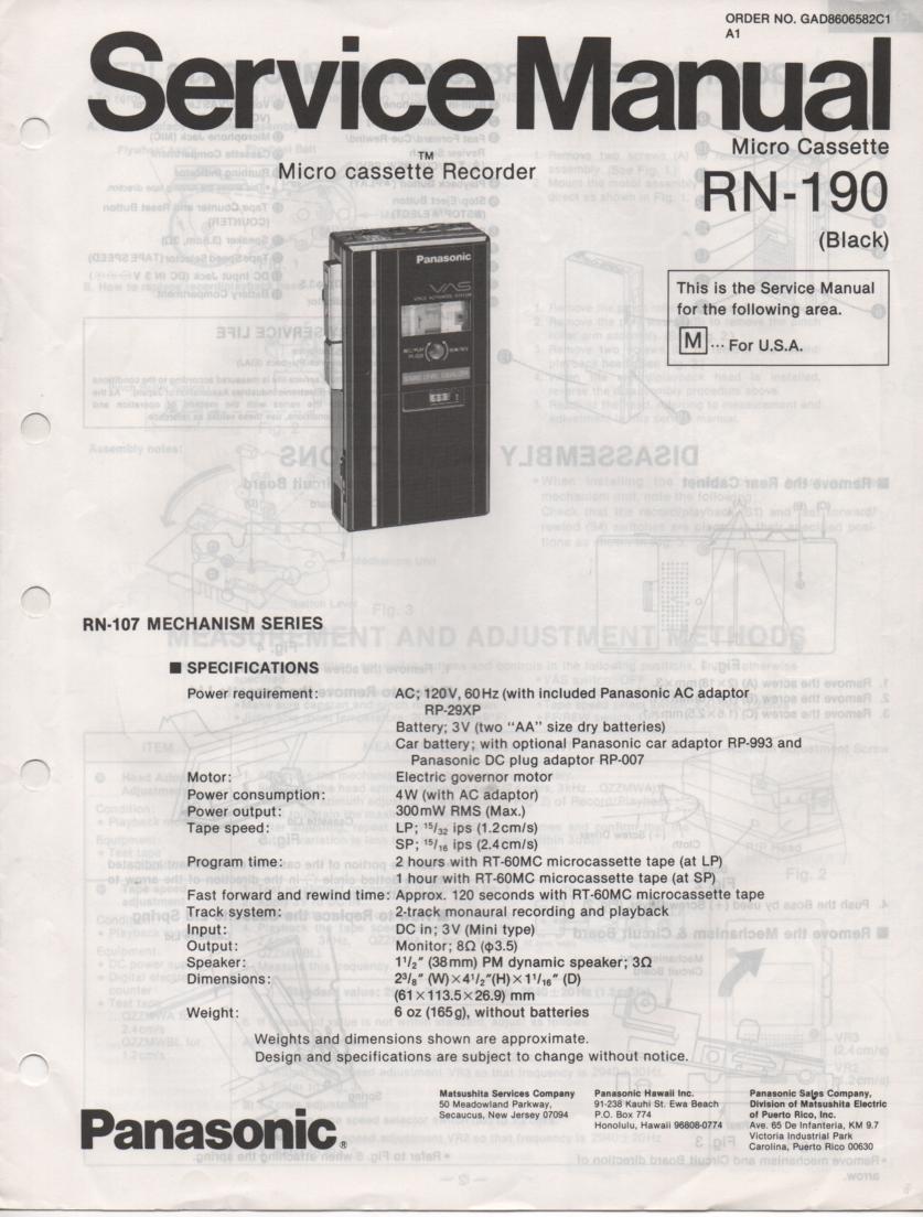RN-190 Microcassette Deck Service Manual