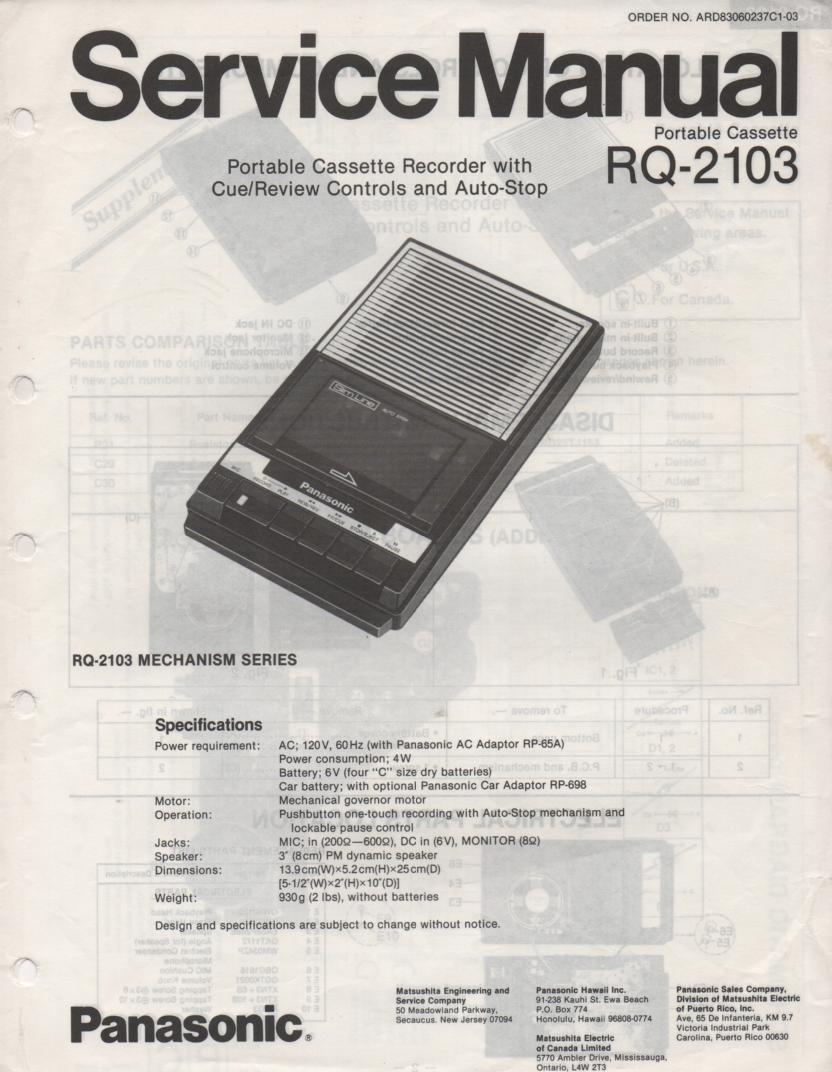 RQ-2103 Cassette Tape Recorder Service Manual