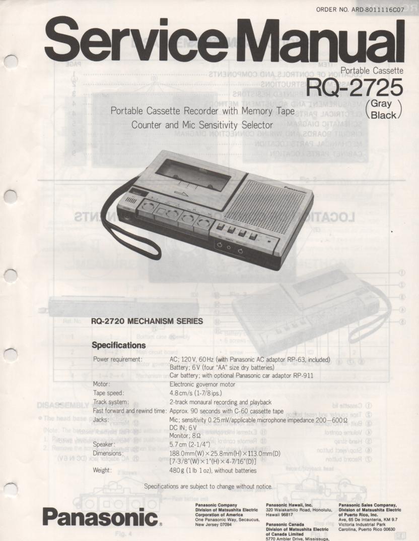RQ-2725 Cassette Tape Recorder Service Manual