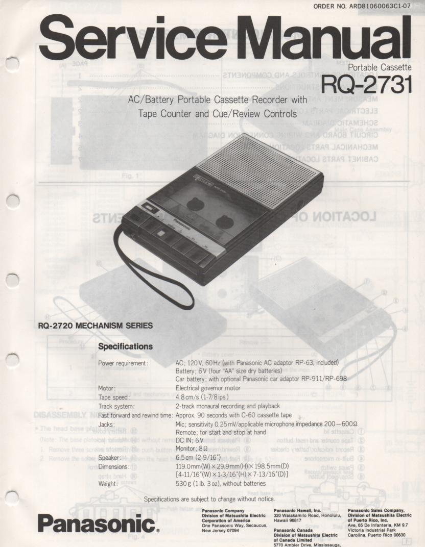 RQ-2731 Cassette Tape Recorder Service Manual