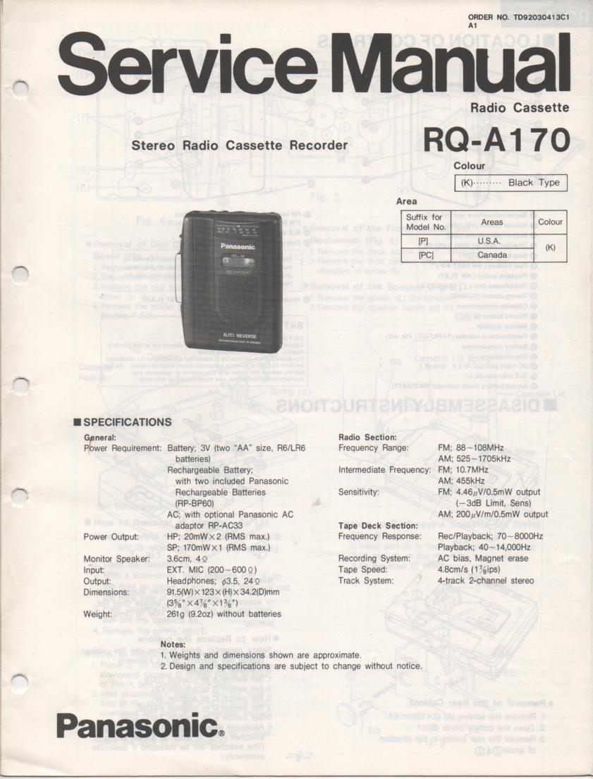 RQ-A170 Radio Cassette Recorder Service Manual