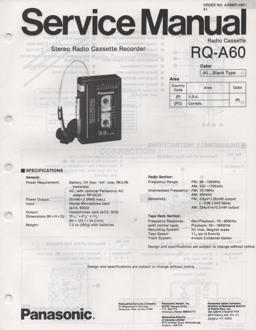RQ-A60 Radio Cassette Recorder Service Manual