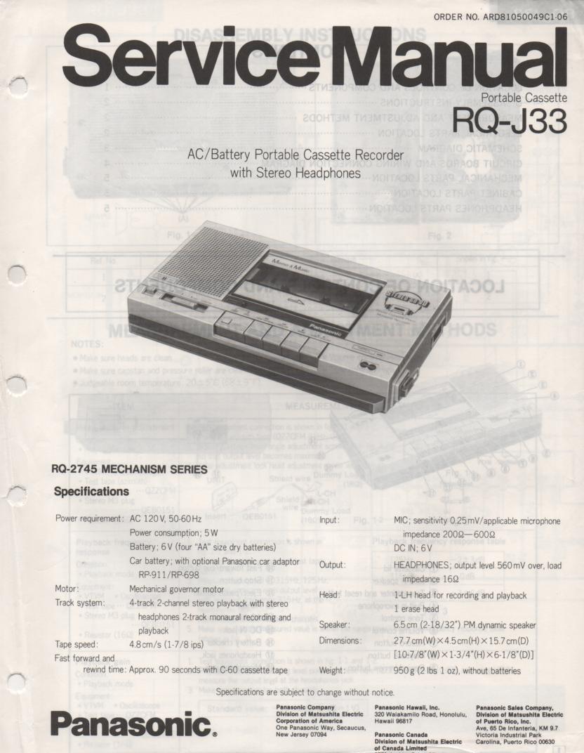 RQ-J33 Radio Cassette Player Service Manual