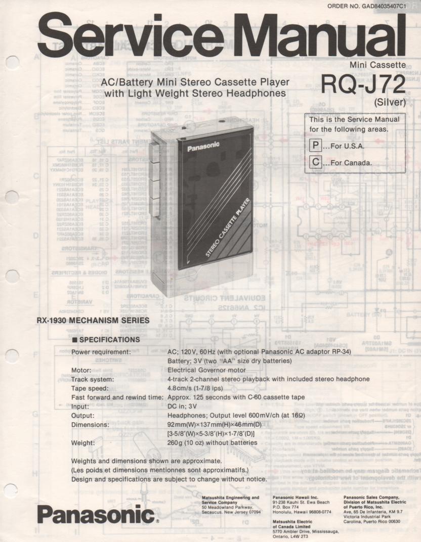 RQ-J72 Cassette Player Service Manual