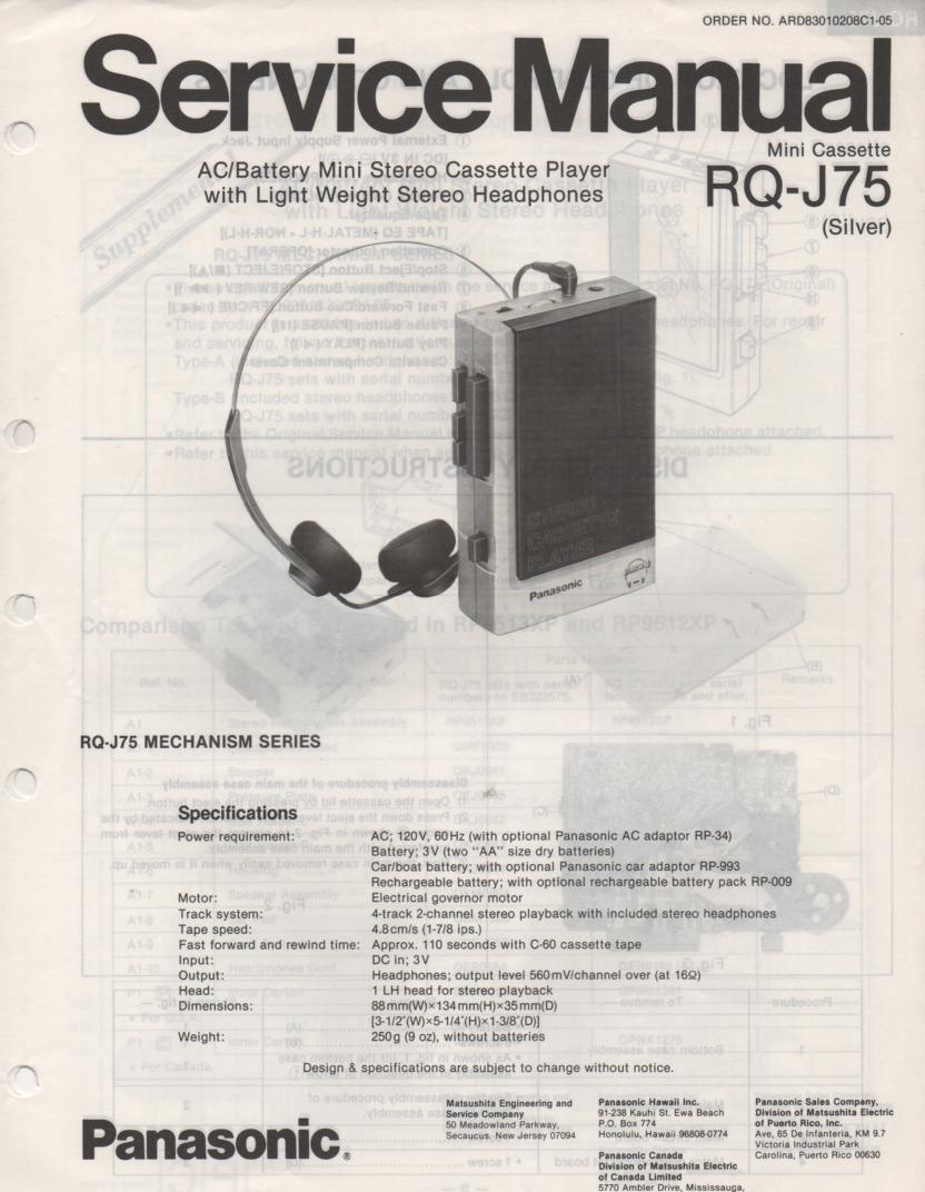 RQ-J75 Cassette Recorder Service Manual