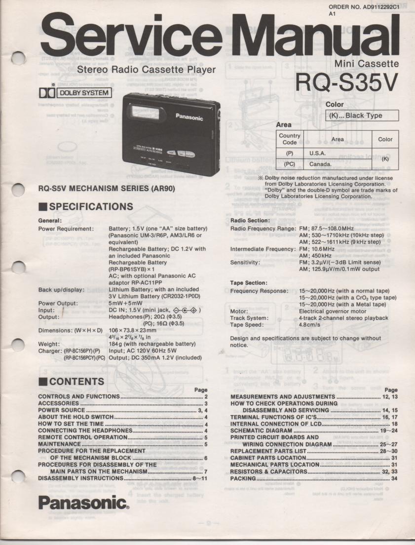 RQ-S35V Radio Mini Cassette Player Service Manual