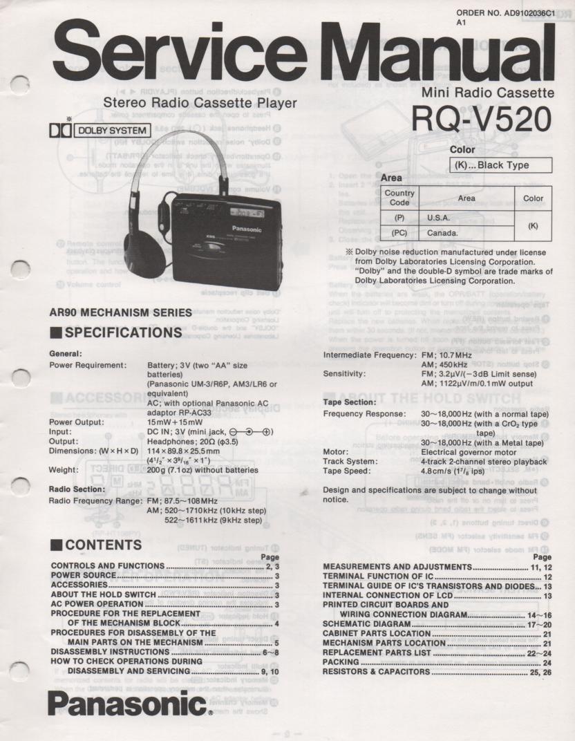 RQ-V520 Mini Cassette Player Radio Service Manual