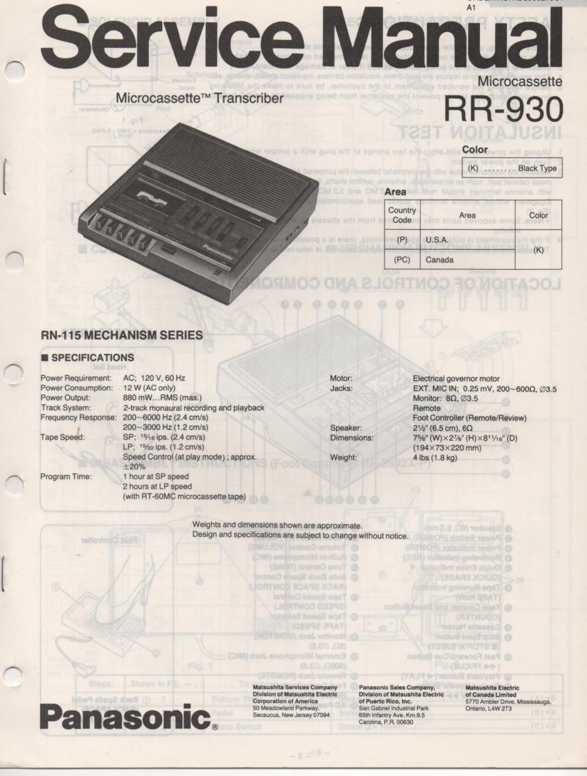 RR-930 Microcassette Transcriber Service Manual