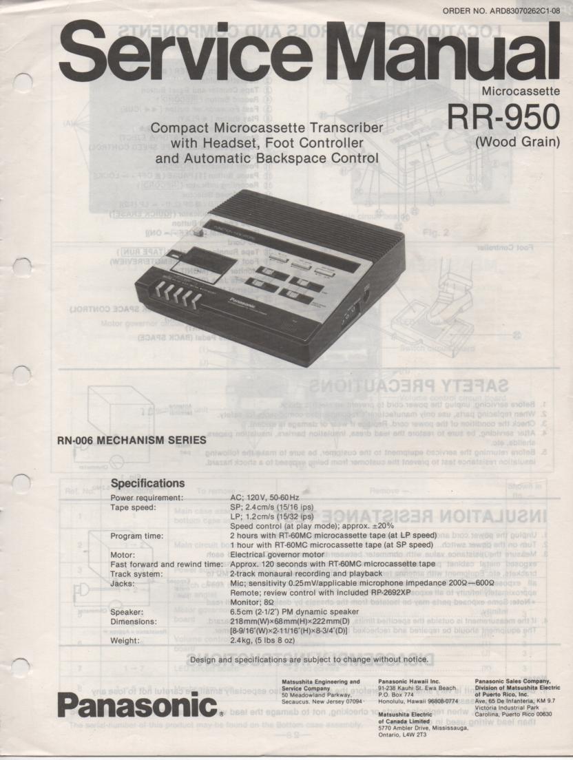 RR-950 Microcassette Transcriber Service Manual