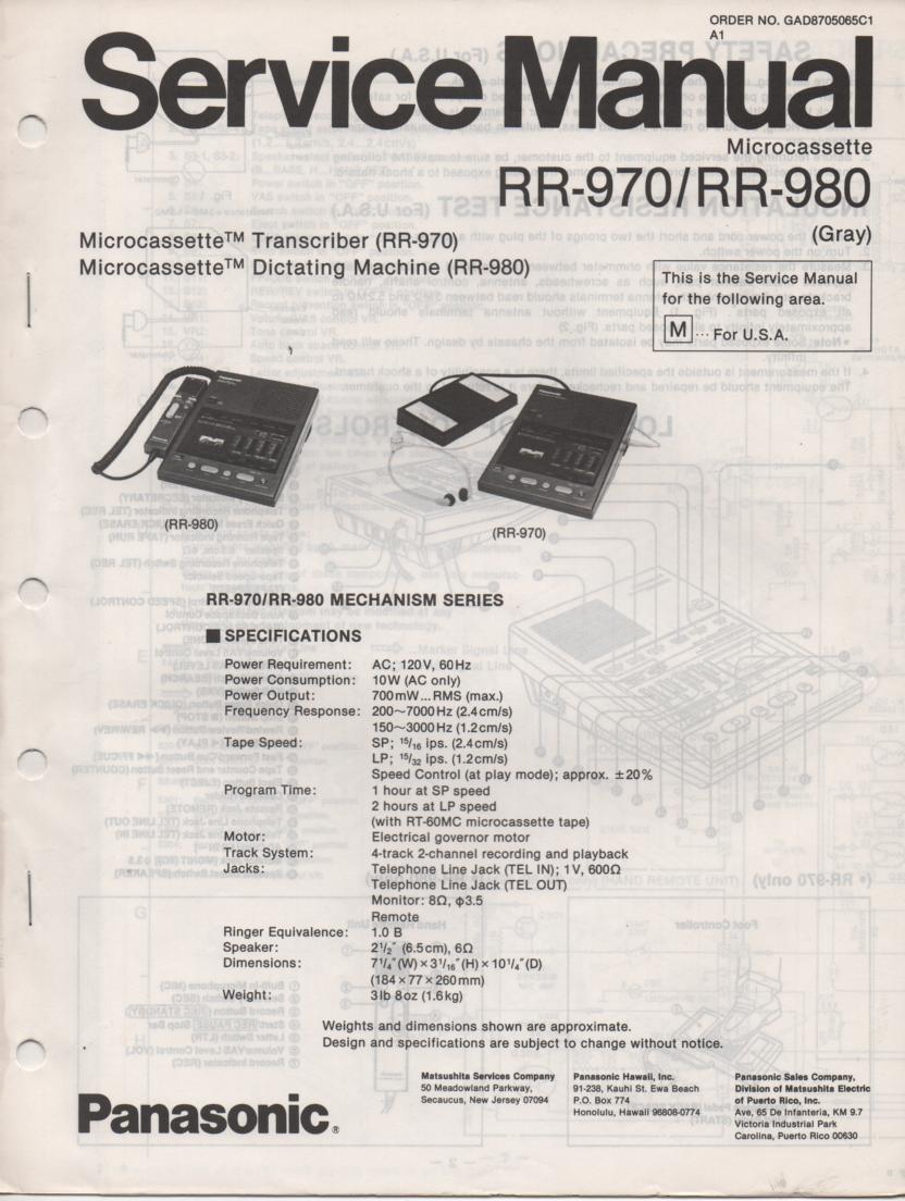 RR-970 Microcassette Transcriber Service Manual R-980 Microcassette Dictating Machine Service Manual. 2 manual set..