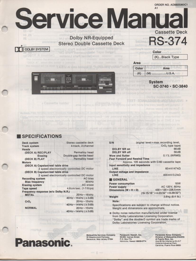 RS-374 Cassette Deck Service Manuals