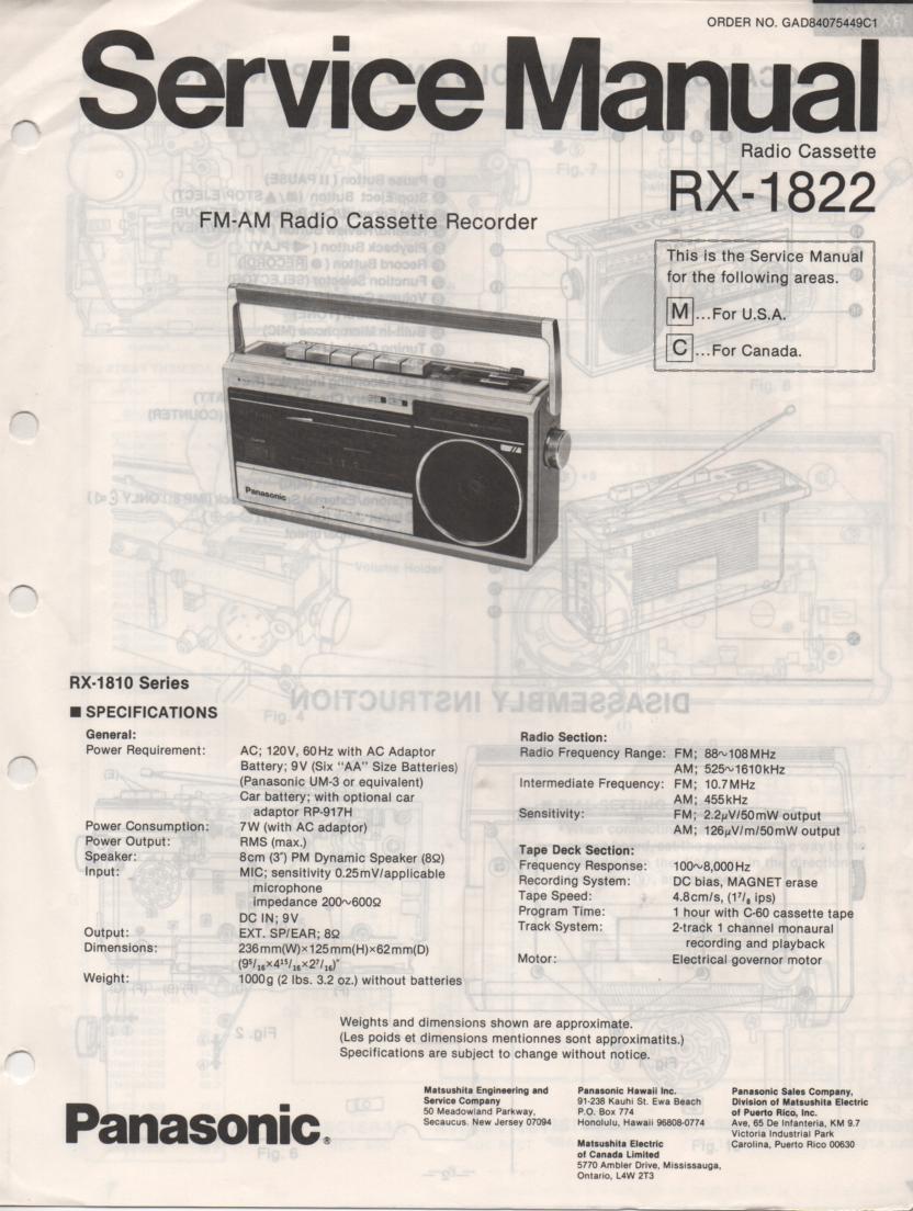 RX-1822 Radio Cassette Radio Service Manual