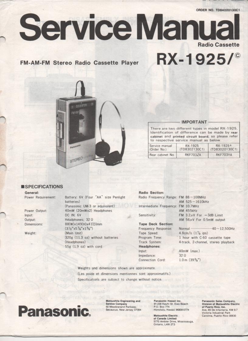 RX-1925 RX-1925C Radio Cassette Radio Service Manual