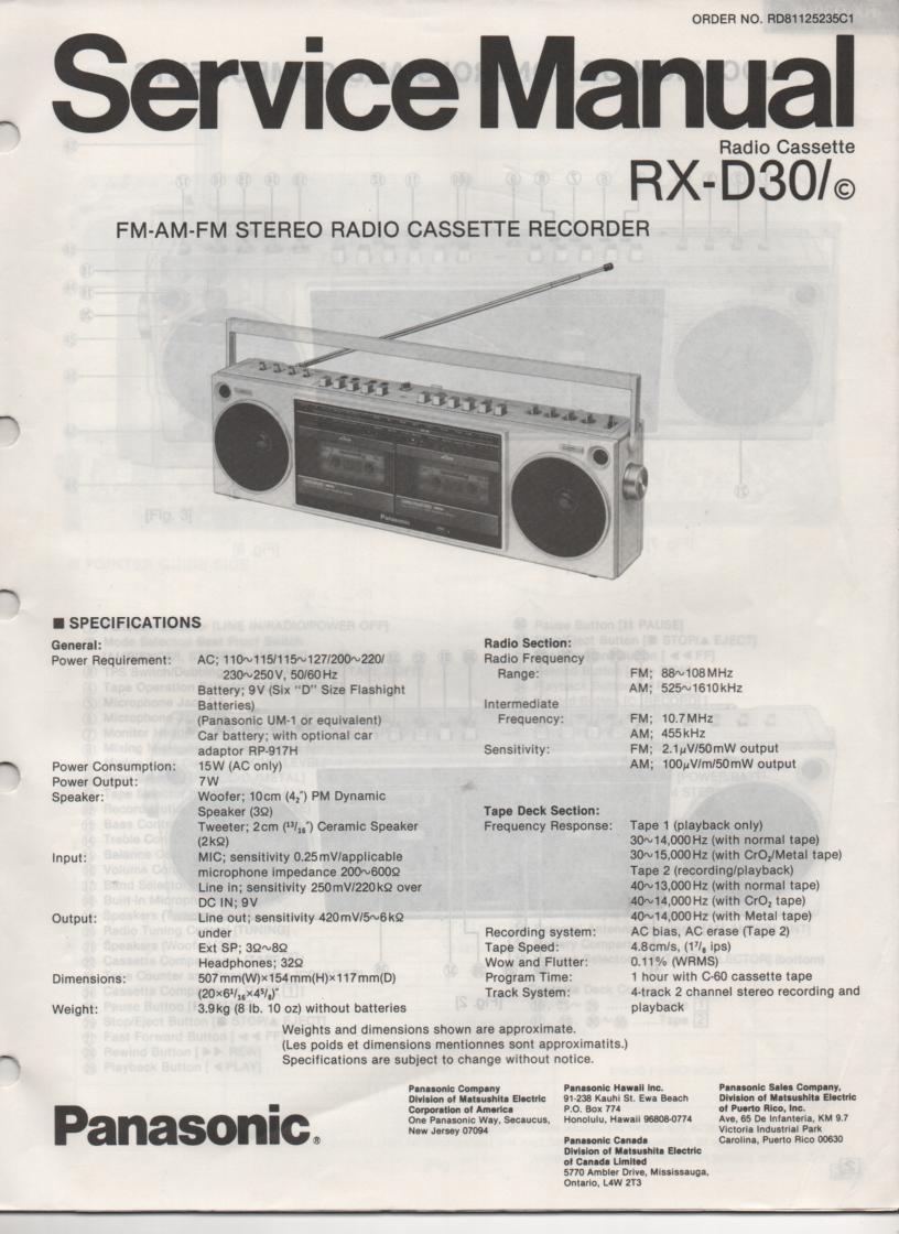 RX-D30 RX-D30C AM FM Stereo Cassette Recorder Service Manual