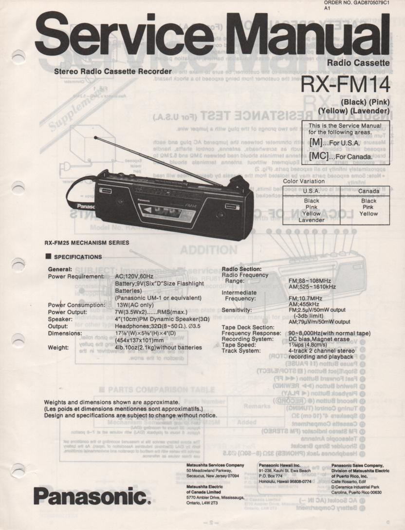 RX-FM14 AM FM Cassette Recorder Service Manual
