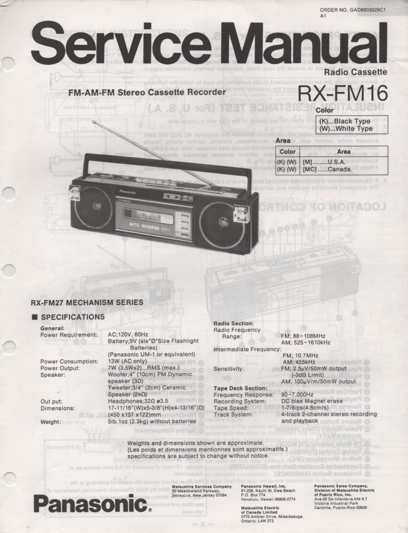 RX-FM16 AM FM Cassette Recorder Service Manual