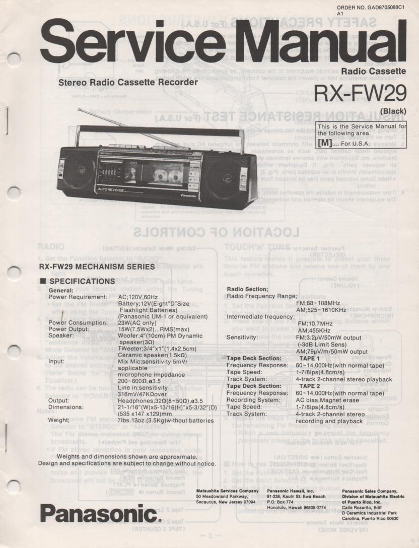 RX-FW29 AM FM Radio Cassette Recorder Service Manual