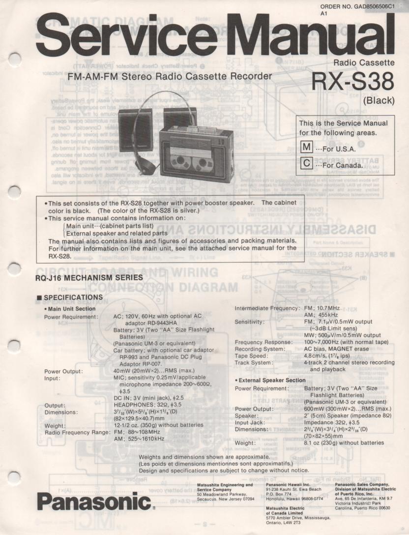 RX-S38 Mini Cassette Radio Recorder Service Manual