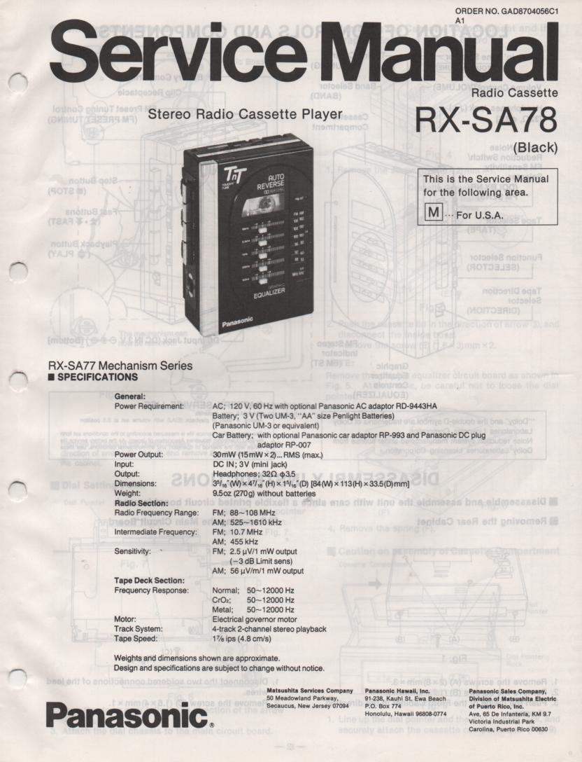 RX-SA78 Mini Cassette Radio Player Service Manual