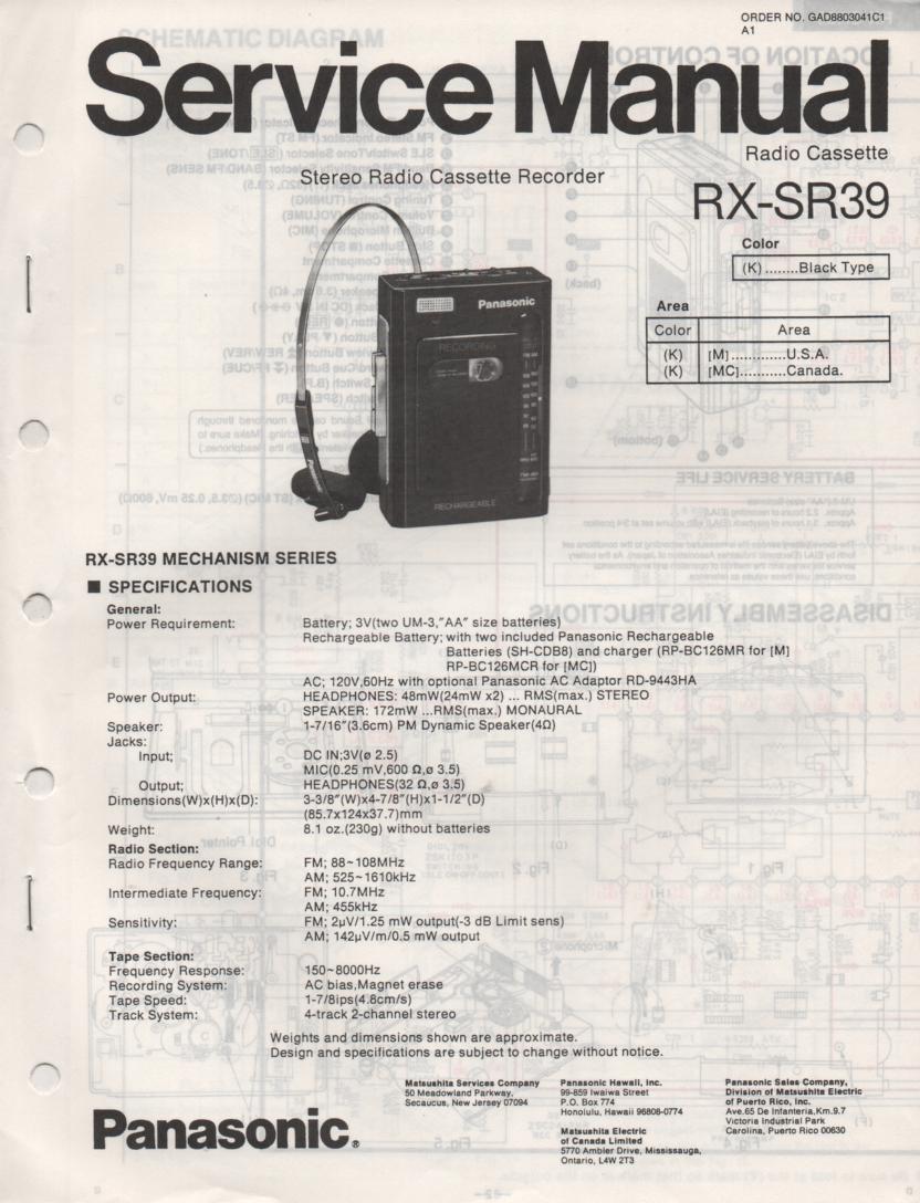 RX-SR39 Mini Cassette Radio Recorder Service Manual