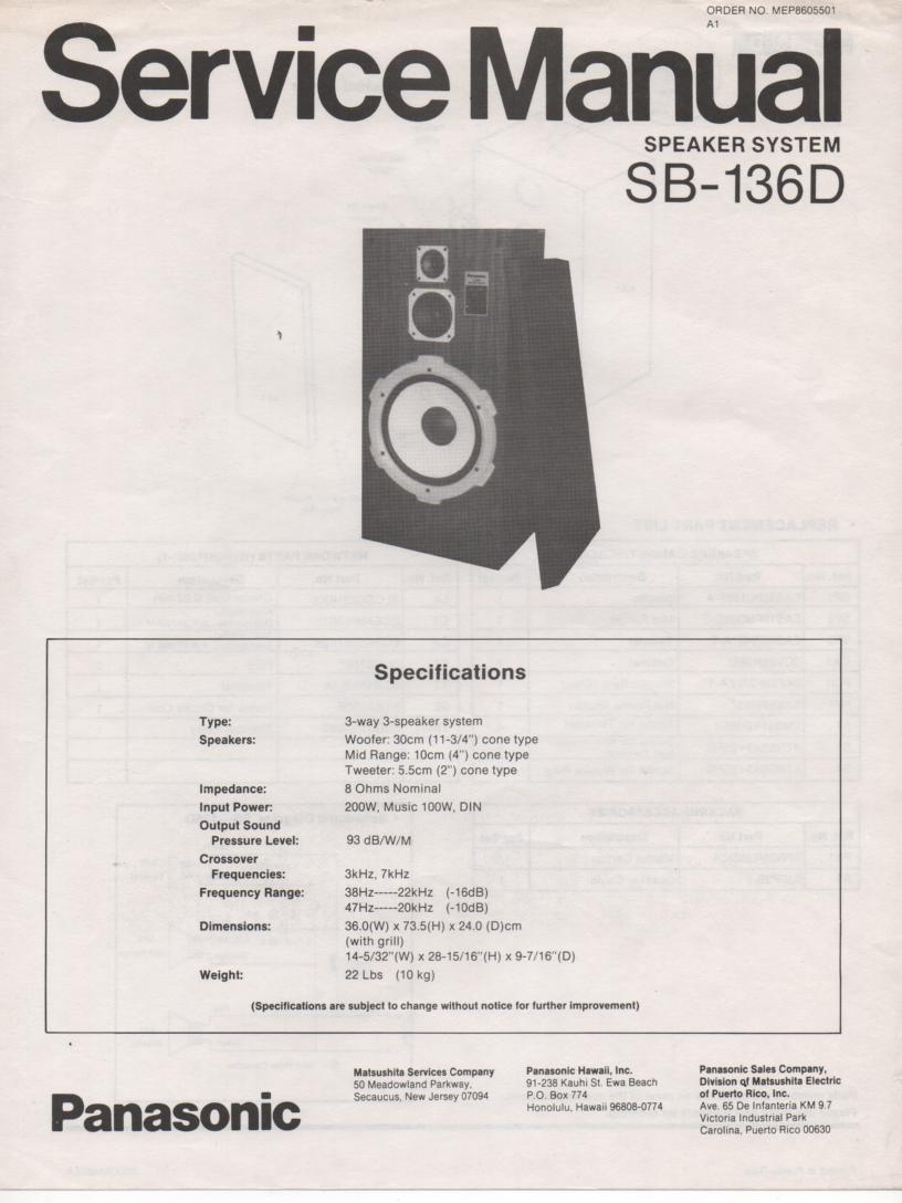 SB-136D Speaker System Service Manual  Panasonic
