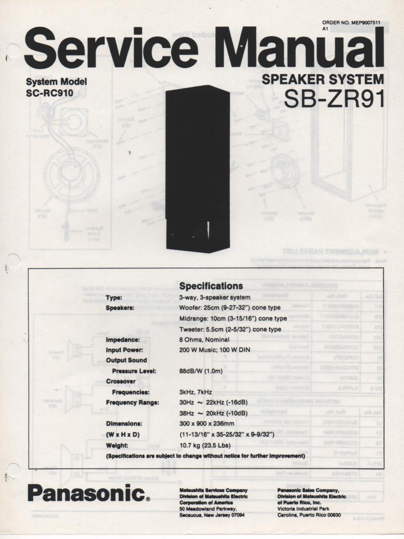 SB-ZR91 Speaker System Service Manual  Panasonic