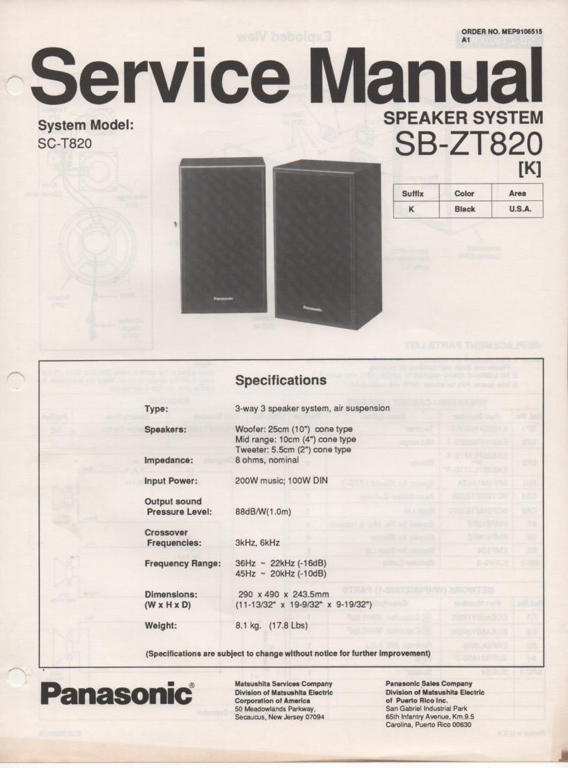 SB-ZT820 Speaker System Service Manual  Panasonic