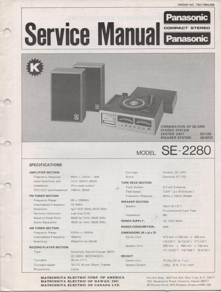 SE-2280 Stereo System Service Manual