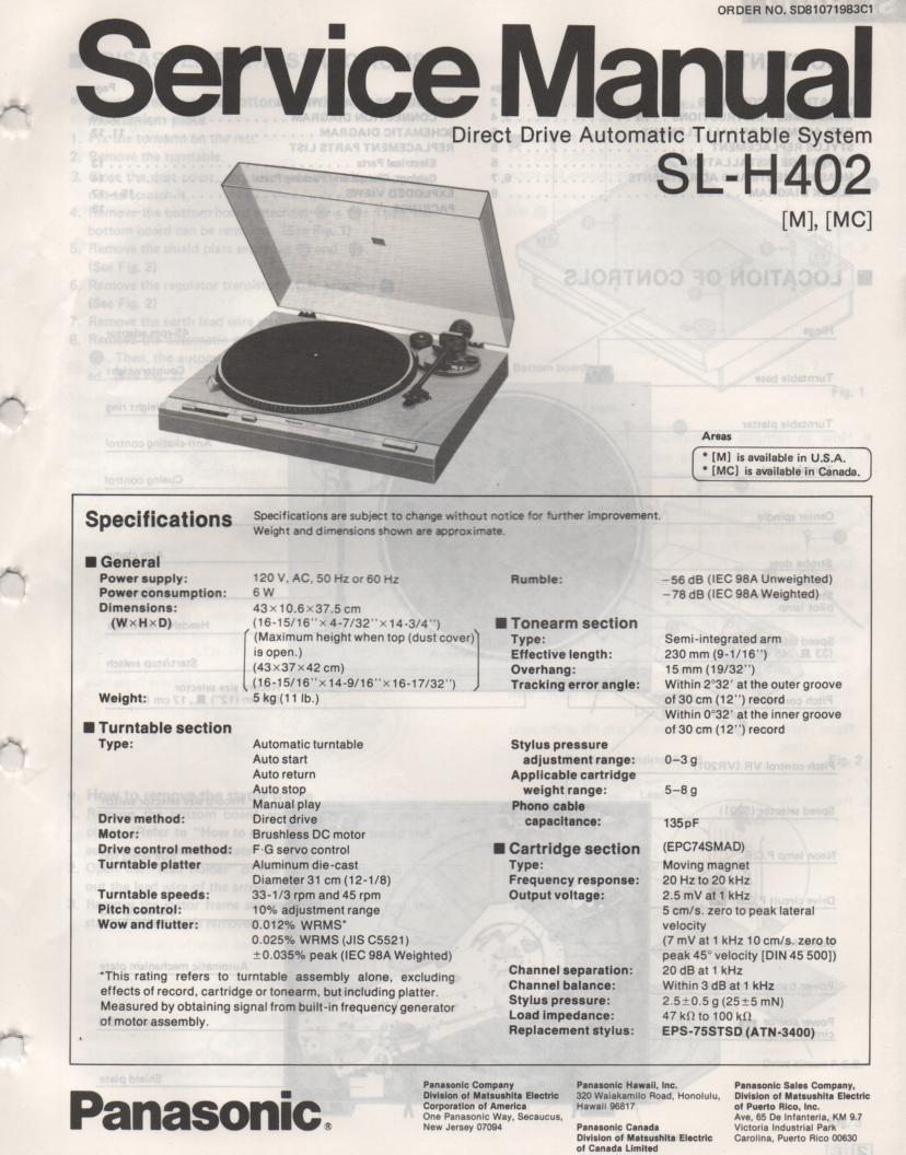 SL-H402 Turntable Service Manual  Panasonic