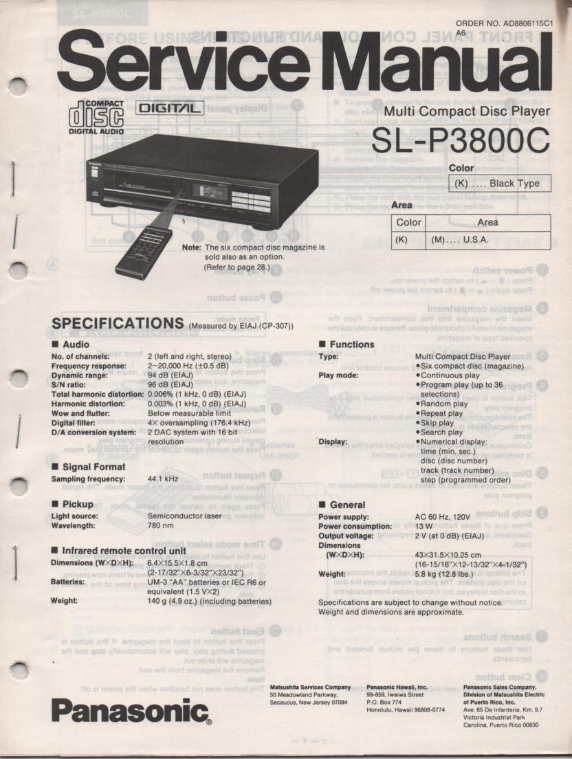 SL-P3800C CD Player Service Manual.  2 manual set.