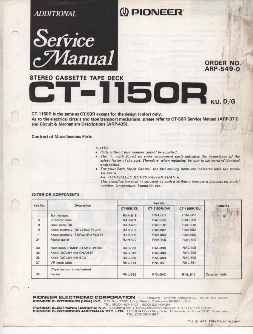 CT-1150R Cassette Deck Service Manual ..ARP-549-0. CT-50R Manuals ARP-371 and ARP-439 inclUded