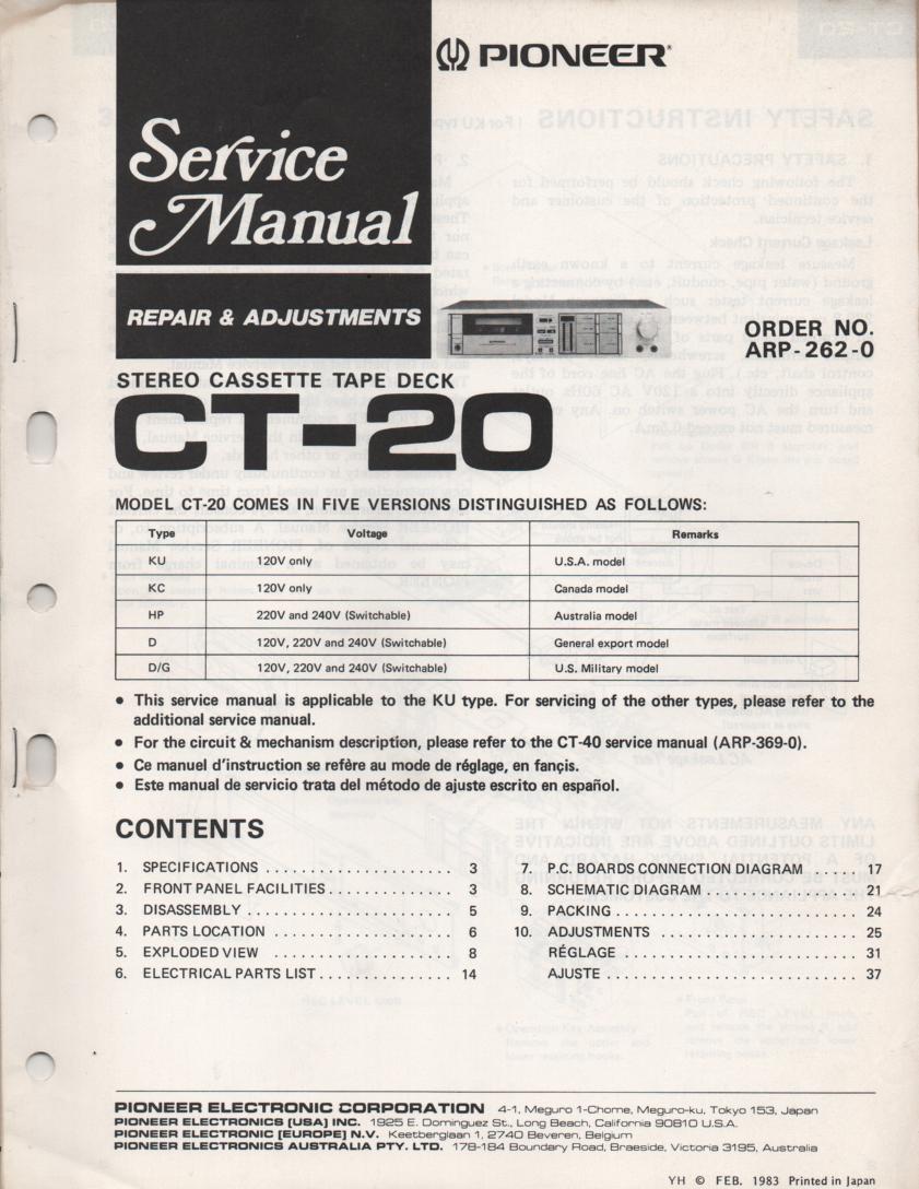 CT-20 Cassette Deck Service Manual. ARP-262-0