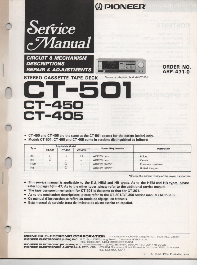 CT-405 CT-450 CT-501 Cassette Deck Service Manual. ARP-471-0.  Additional mechanism info. CT-301 Manual ARP-513-0...English, French, Spanish..