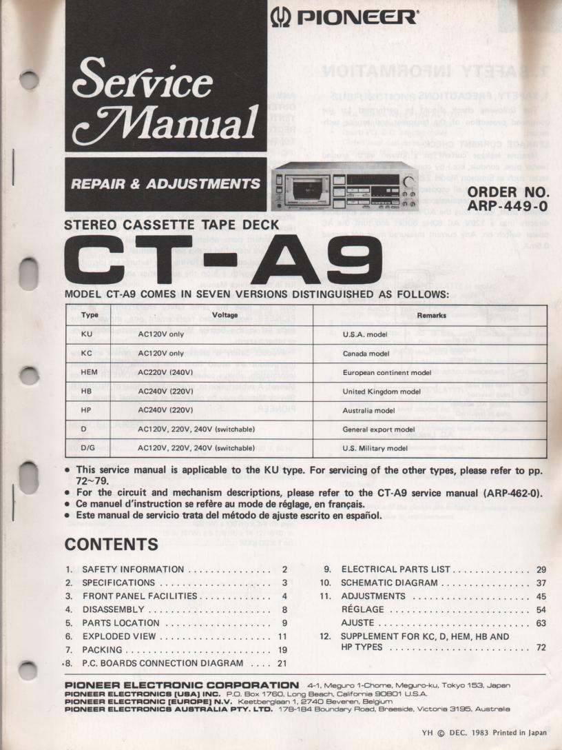 CT-A9 Cassette Deck Repair and Adjustments Service Manual