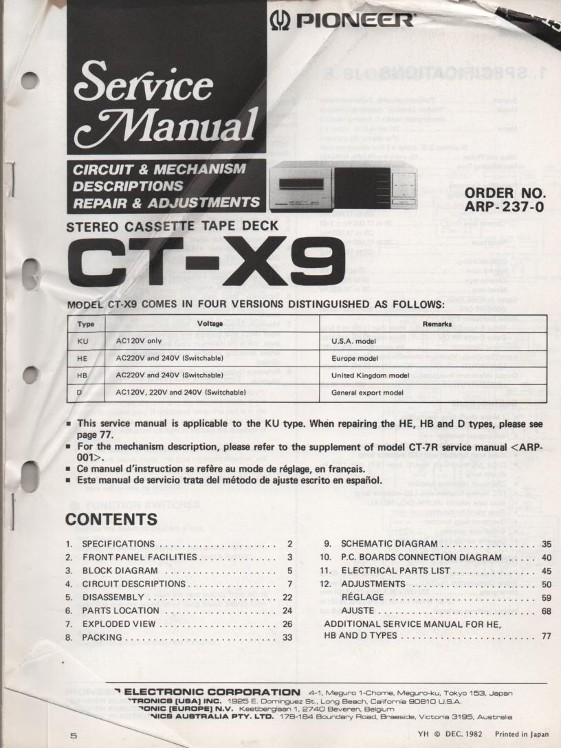 CT-X9 Cassette Deck Service Manual ARP-237-0 .Manual is in English, French, Spanish.  See CT-7R ARP-001-0 Manual for mechanusm description..